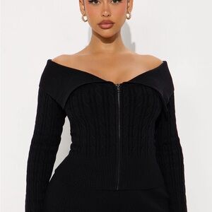 Fashion Nova Black Off-Shoulder Zip Cable Knit Sweater